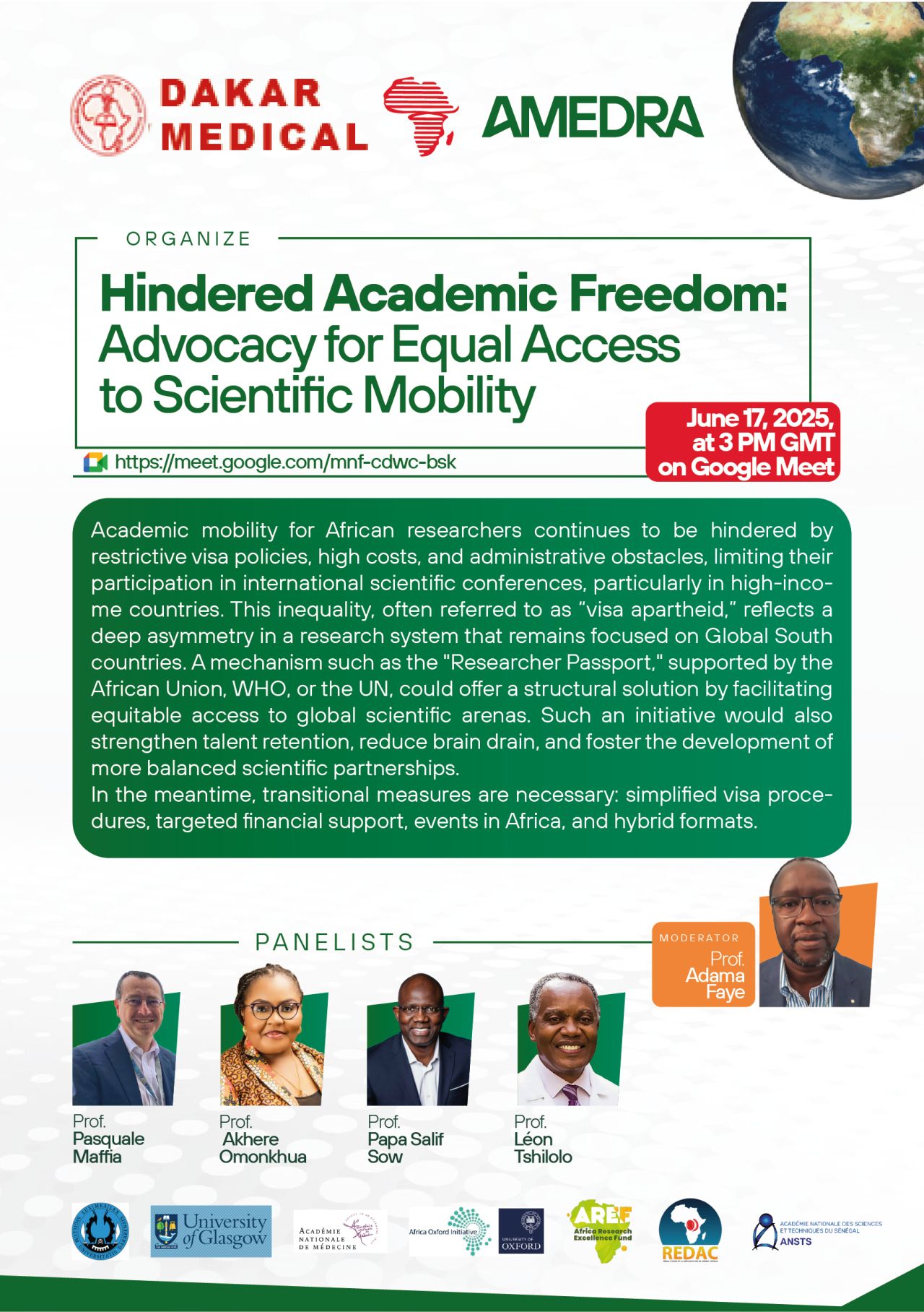 Poster for the webinar Hindered Academic Freedom: Advocacy for Equal Access to Scientific Mobility, organised by Dakar Medical and AMedRA on June 17, 2025
