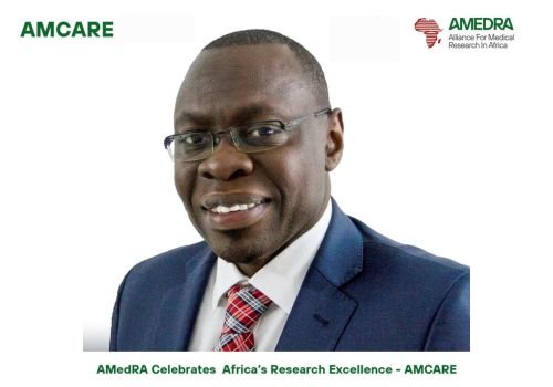 AMCARE graphic with a portrait of Dr. Ibrahima Socé Fall: AMedRA Celebrates Africa's Research Excellence